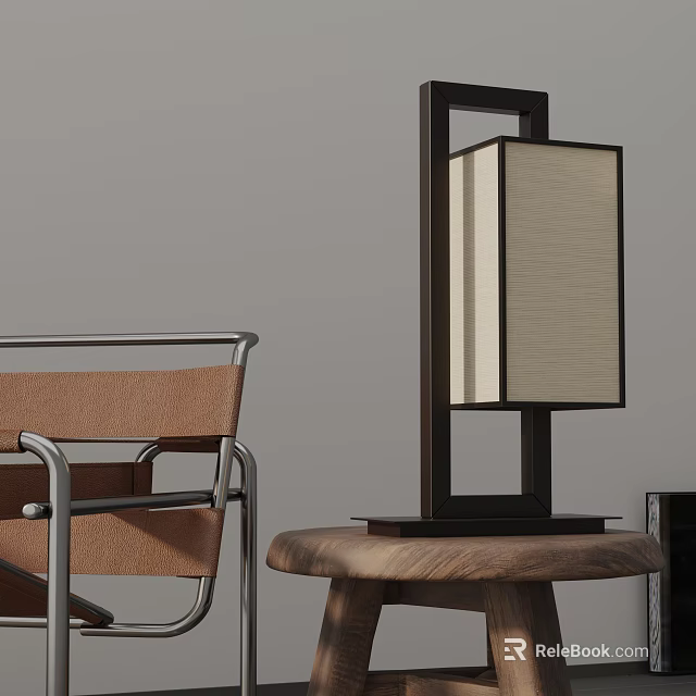 Modern Table Lamp with Black Frame and Beige Shade on Wooden Stool Beside Leather Chair 3d model 