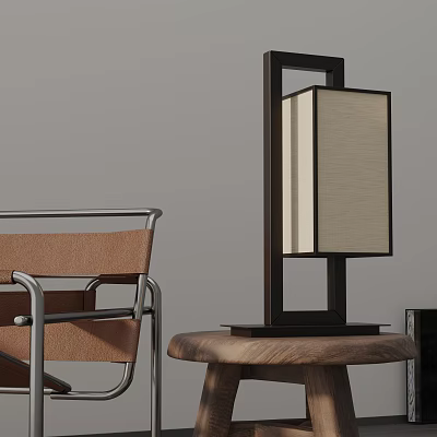 Modern Table Lamp with Black Frame and Beige Shade on Wooden Stool Beside Leather Chair 3d model