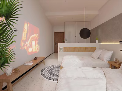 Modern Hotel Room With Double Beds Projector Green Plants And Round Rug 3d model