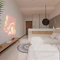 Modern Hotel Room With Double Beds Projector Green Plants And Round Rug