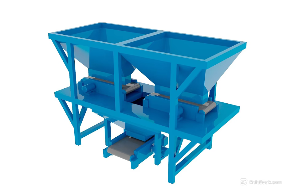 Blue Industrial Equipment With Double Hoppers Conveyor System And Metal Frame 3d model 
