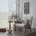 Beige Accent Chair With Wooden Legs Side Table Curtains And Decorative Wall Art