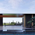 Modern Entrance Gate Design With Wooden Structure Water Pool And Pine Tree Under Clear Sky