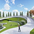 Scenic Park Landscape With Circular Pathways Lush Lawns Trees And Central Sculpture
