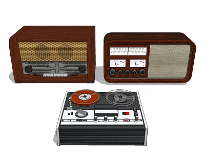 Retro Vintage Audio Equipment Set With Wooden Radio And Tape Recorder 3d model