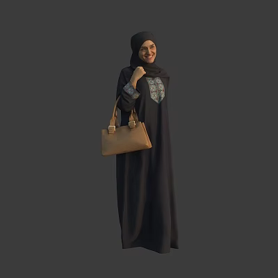 A Smiling Woman in Black Hijab and Abaya Holding Brown Handbag Against Neutral Background 3d model