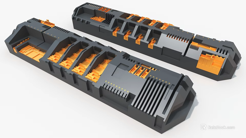 Industrial Equipment With Modular Black And Orange Precision Engineered Structural Components 3d model 