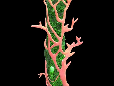 Green Moss Covered Landscape Column With Pink Branch Like Structures And Orb 3d model