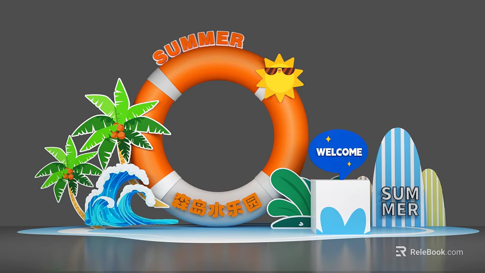Summer Water Park Photo Check-in Spot with Orange Lifebuoy Sun Sunglasses Palm Trees and Surfboard 3d model 