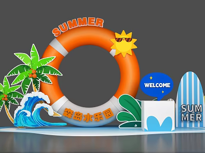 Summer Water Park Photo Check-in Spot with Orange Lifebuoy Sun Sunglasses Palm Trees and Surfboard 3d model