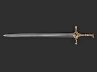 Medieval Decorative Sword With Sharp Metal Blade And Ornate Gold Hilt Design 3d model