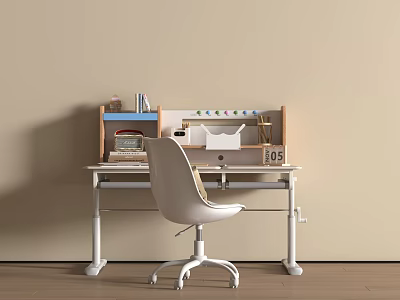 Modern Minimalist Desk With Adjustable Legs Chair And Bookshelf Stationery Calendar 3d model