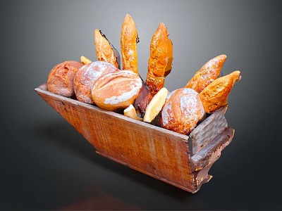 Wooden Basket Filled With Assorted Fresh Breads And Crusty Loaves 3d model