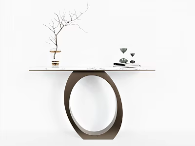 Modern Console Table With Unique Circular Base White Top And Decorative Branch Vase 3d model