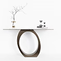 Modern Console Table With Unique Circular Base White Top And Decorative Branch Vase 3d model