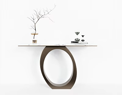Modern Console Table With Unique Circular Base White Top And Decorative Branch Vase 3d model