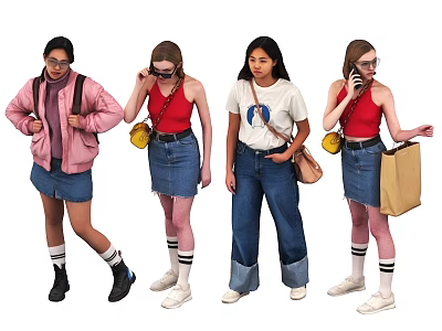 Women In Casual Denim Outfits With Different Bags And Stylish Tops 3d model