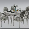 Classic White Dining Table Set With Six Patterned Upholstered Chairs Vase Green Plants Tableware 3d model
