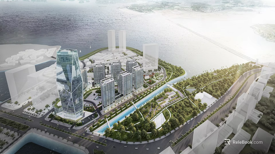Modern Waterfront Residential Buildings With Lush Greenery And Scenic Seaside View 3d model 