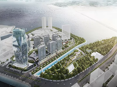 Modern Waterfront Residential Buildings With Lush Greenery And Scenic Seaside View 3d model