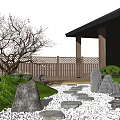 Tranquil Zen Rock Garden With Pebble Path Pine Trees Wooden Fence And Mossy Stones