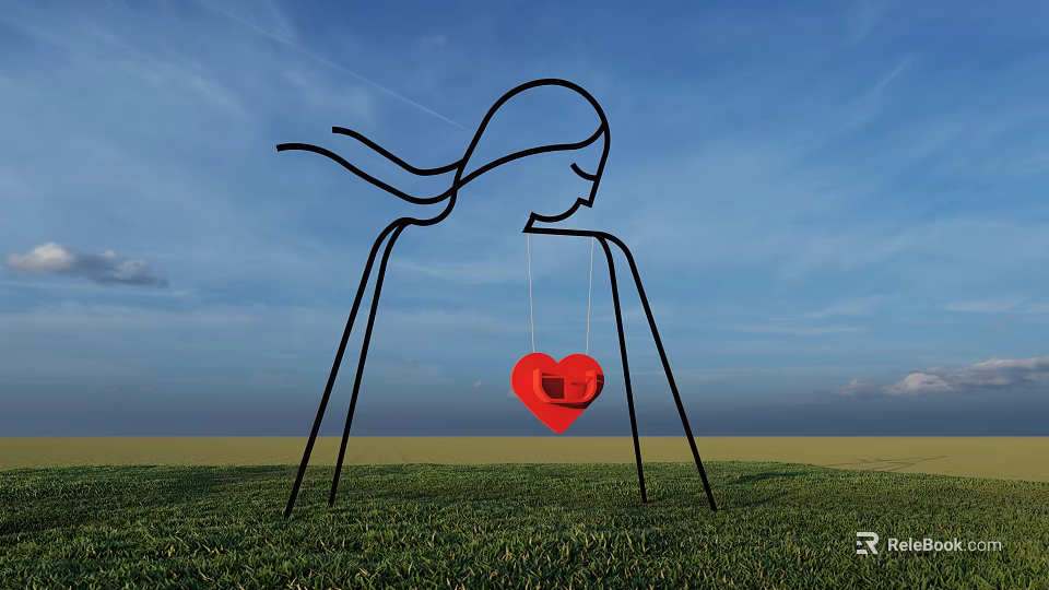 Artistic Red Heart Shaped Swing With Female Silhouette Frame On Green Grass Under Blue Sky 3d model 