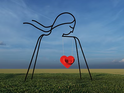 Artistic Red Heart Shaped Swing With Female Silhouette Frame On Green Grass Under Blue Sky 3d model