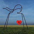 Artistic Red Heart Shaped Swing With Female Silhouette Frame On Green Grass Under Blue Sky