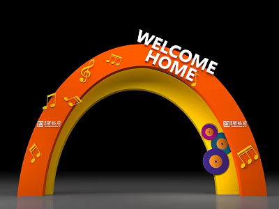 Event Entrance Arch with Welcome Home Lettering Orange Yellow Music Notes and Vinyl Record Decorations 3d model