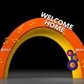Event Entrance Arch with Welcome Home Lettering Orange Yellow Music Notes and Vinyl Record Decorations
