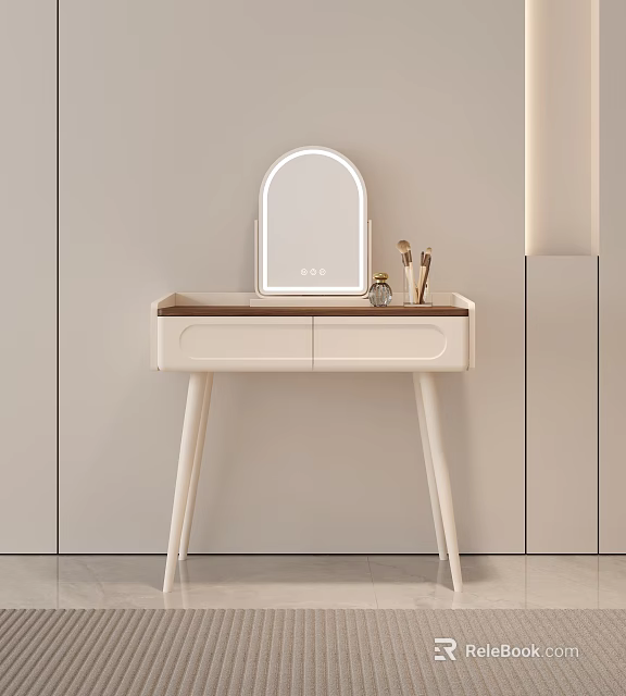 Modern Dressing Table with Lighted Mirror Brown Top White Drawers and Makeup Brushes Minimalist Design 3d model 