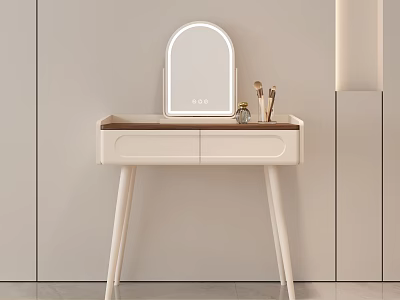 Modern Dressing Table with Lighted Mirror Brown Top White Drawers and Makeup Brushes Minimalist Design 3d model
