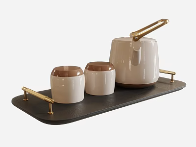 Elegant Tableware Set with Black Tray Gold Handles White Kettle and Brown Lid Cups 3d model