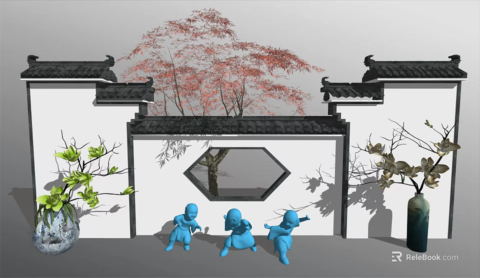 Chinese Style Garden Ornament Featuring Red Leaved Tree Hexagonal Window Blue Statues and Green Plants 3d model 