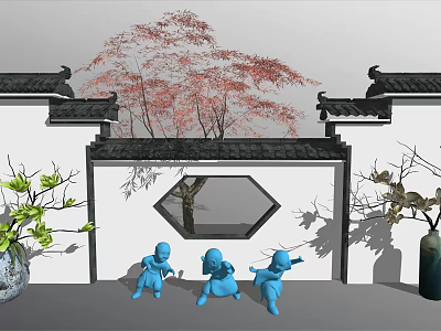 Chinese Style Garden Ornament Featuring Red Leaved Tree Hexagonal Window Blue Statues and Green Plants 3d model