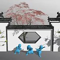 Chinese Style Garden Ornament Featuring Red Leaved Tree Hexagonal Window Blue Statues and Green Plants