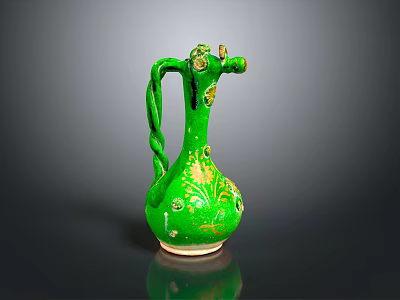Green Ceramic Decorative Vase With Intricate Floral Patterns And Handle 3d model