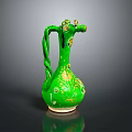 Green Ceramic Decorative Vase With Intricate Floral Patterns And Handle