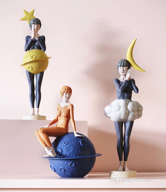 Colorful Artistic Sculptures Featuring Planet Moon Cloud Shapes Standing Sitting Poses 3d model 