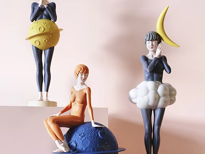 Colorful Artistic Sculptures Featuring Planet Moon Cloud Shapes Standing Sitting Poses 3d model