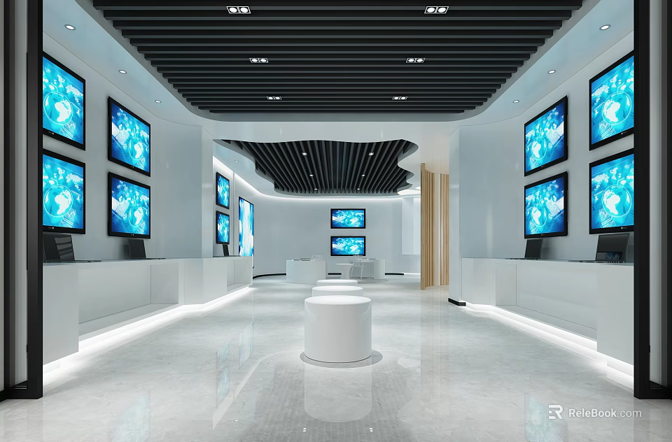 Modern Exhibition Hall Interior With Multiple Screens And White Circular Display Stand 3d model 