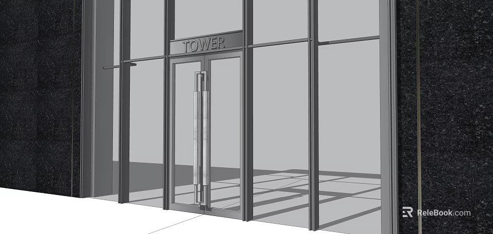 Modern Contemporary Tower Entrance With Glass Facade And Metal Door Design 3d model 