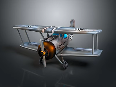 Toy Biplane Model With Silver Body Blue Cockpit And Propeller Design 3d model