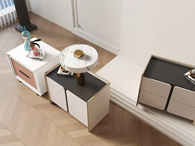 Modern Bedside Tables With Wooden Design Metal Frame Drawers And Decorative Items 3d model