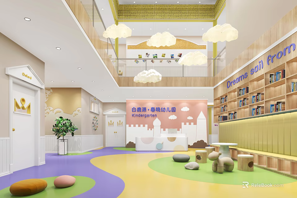 Warm Two Story Kindergarten Interior With Colorful Floor Cloud Lights And Bookshelves 3d model 
