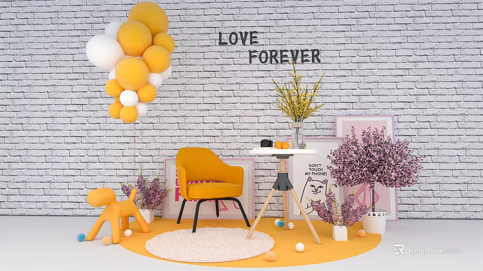 Decorative Indoor Scene With Yellow White Balloons Love Forever Sign Yellow Chair And Purple Flowers 3d model 