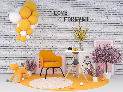 Decorative Indoor Scene With Yellow White Balloons Love Forever Sign Yellow Chair And Purple Flowers 3d model