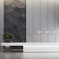 Elegant Modern Reception Desk With White Marble Surface Grey Wall Green Bonsai And Pendant Lights