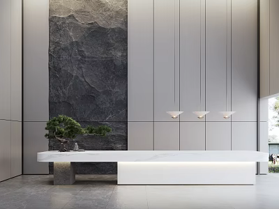 Elegant Modern Reception Desk With White Marble Surface Grey Wall Green Bonsai And Pendant Lights 3d model