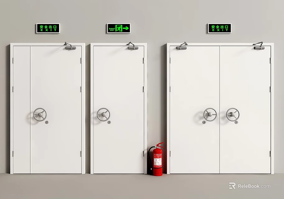 Fire Safety Equipment With White Fire Doors Exit Signs And Red Fire Extinguisher 3d model 
